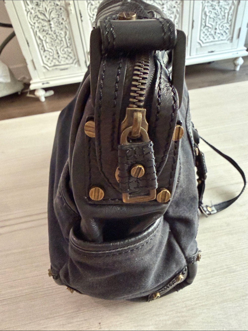 Diesel Black Leather Shoulder Satchel with Brass Studs - Picture 6 of 14